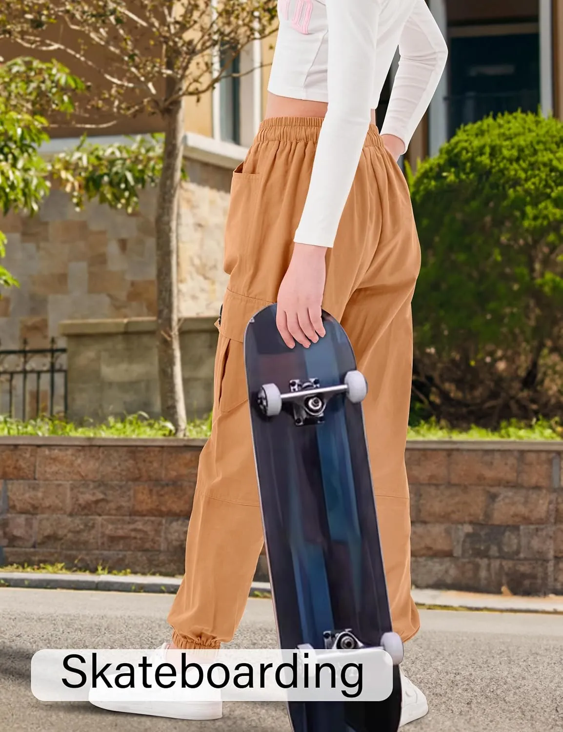 Girls Cargo Pants Elastic Waist Cotton Kids Jogger Pants with Multi Pockets