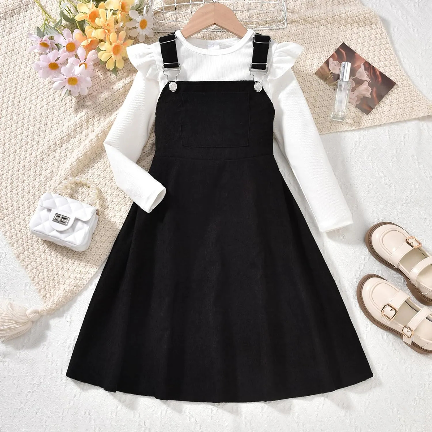 HIHA Little Girls Corduroy Overall Dress Adjustable Strap Suspender Dress Set