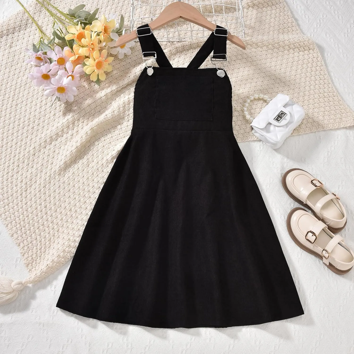 HIHA Little Girls Corduroy Overall Dress Adjustable Strap Suspender Dress Set
