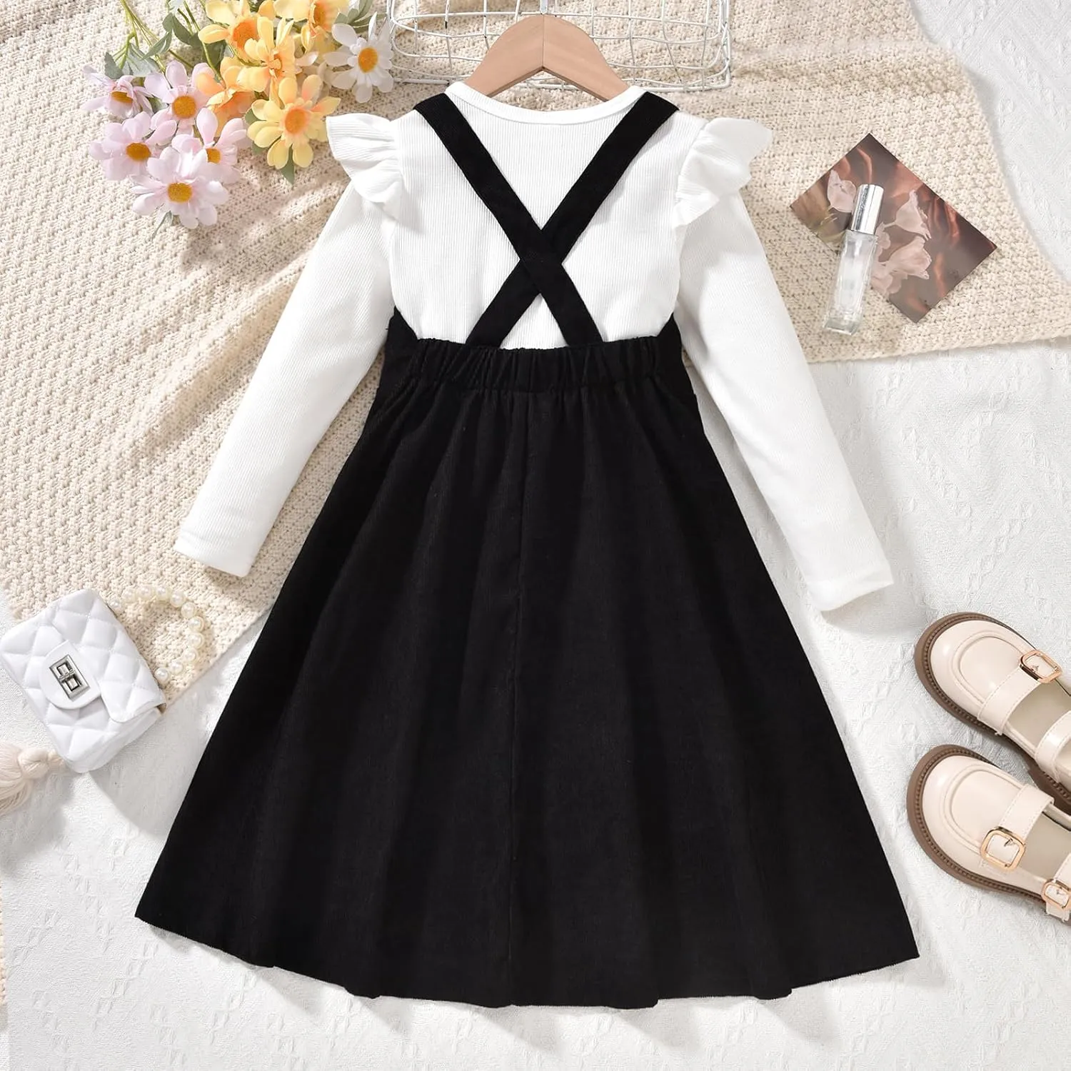 HIHA Little Girls Corduroy Overall Dress Adjustable Strap Suspender Dress Set