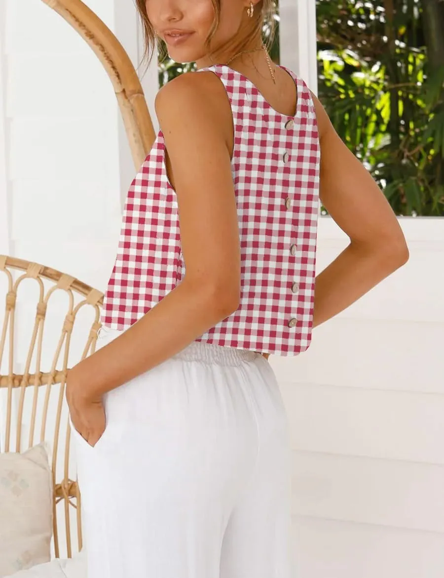 IDEALSANXUN Womens Gingham Tank Tops Spring Summer Casual Crop Cotton Sleeveless Shirts Blouses