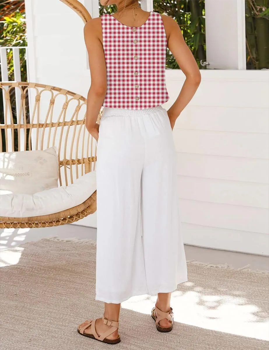 IDEALSANXUN Womens Gingham Tank Tops Spring Summer Casual Crop Cotton Sleeveless Shirts Blouses