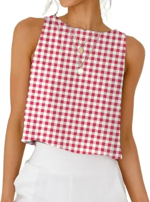 IDEALSANXUN Womens Gingham Tank Tops Spring Summer Casual Crop Cotton Sleeveless Shirts Blouses