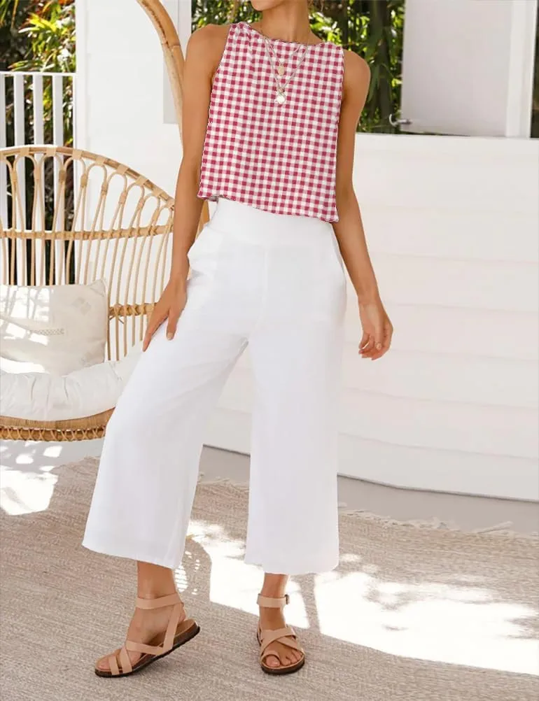 IDEALSANXUN Womens Gingham Tank Tops Spring Summer Casual Crop Cotton Sleeveless Shirts Blouses