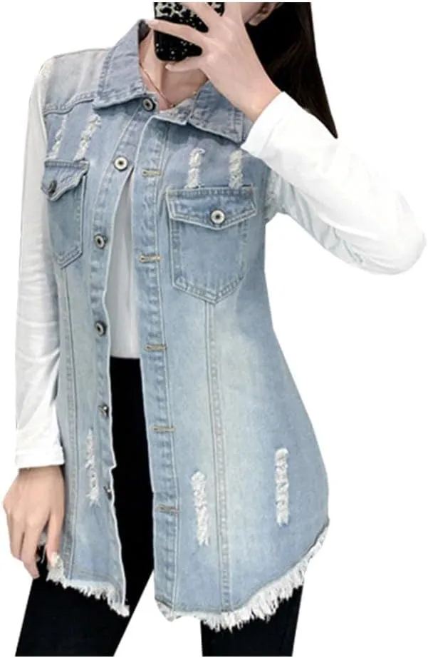 Kedera Women's Distressed Ripped Sleeveless Mid Long Plus Size Denim Jacket Jean Vest Cardigan Coats