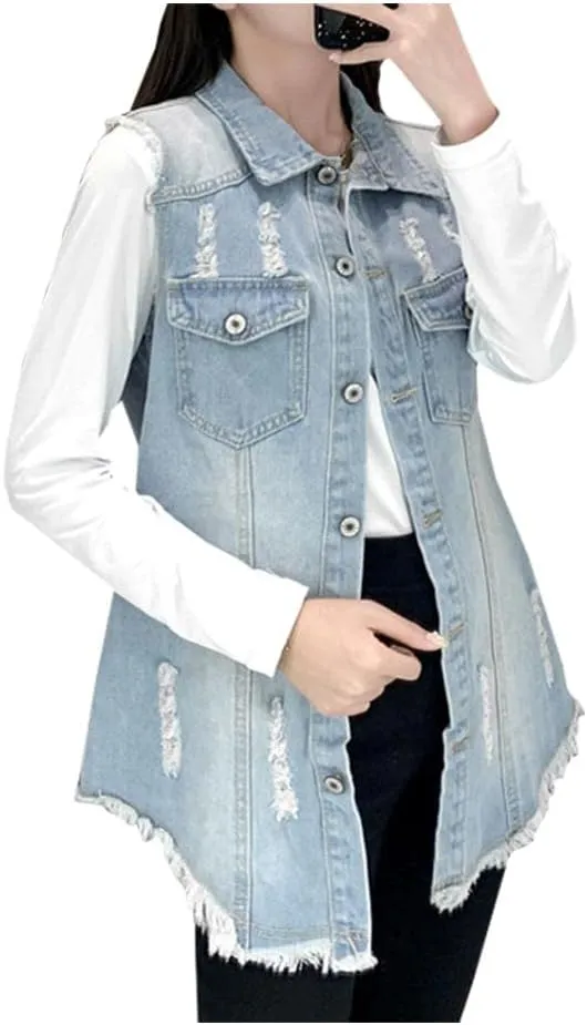 Kedera Women's Distressed Ripped Sleeveless Mid Long Plus Size Denim Jacket Jean Vest Cardigan Coats