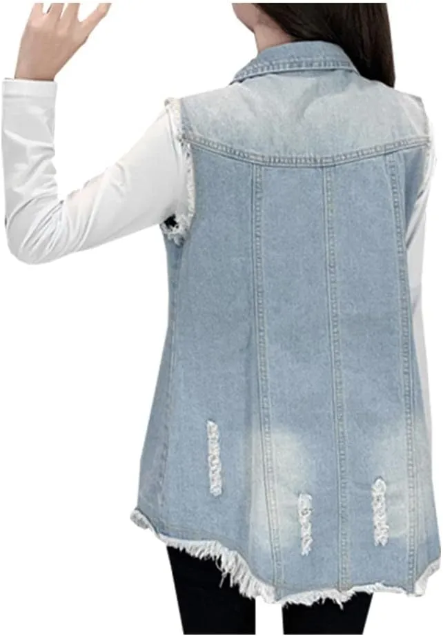 Kedera Women's Distressed Ripped Sleeveless Mid Long Plus Size Denim Jacket Jean Vest Cardigan Coats