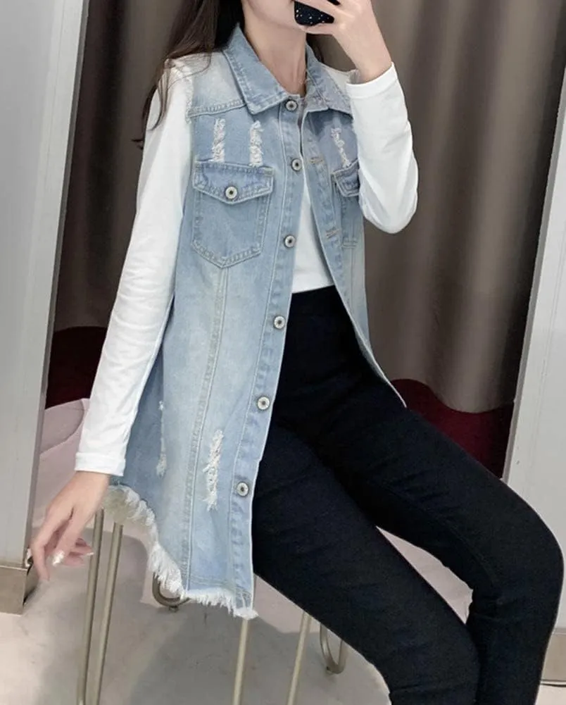 Kedera Women's Distressed Ripped Sleeveless Mid Long Plus Size Denim Jacket Jean Vest Cardigan Coats