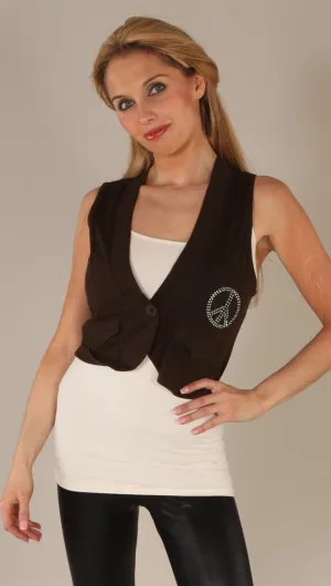 Kinkate Rhinestone Peace Vest Brown