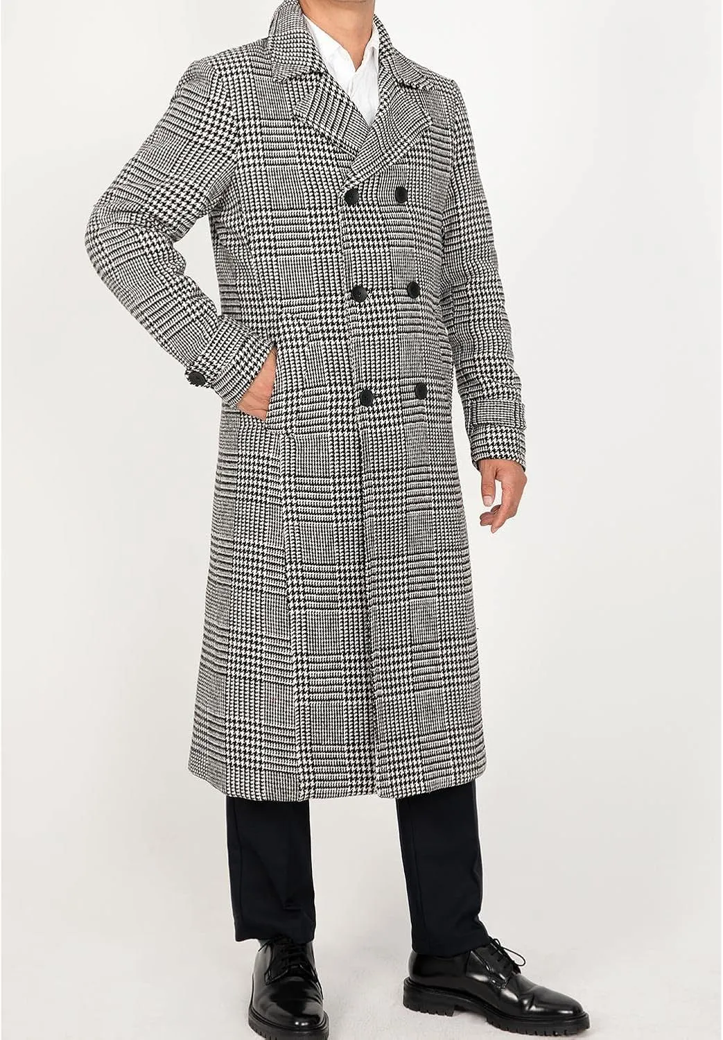 Men's Long Wool Blend Coat Double Breasted Trench Pea Coat Winter Wool Overcoat Top Coat