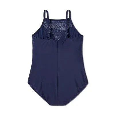 New - Aqua Green Women's Crochet High Neck One Piece Swimsuit UPF 50 , Navy 22