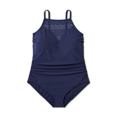 New - Aqua Green Women's Crochet High Neck One Piece Swimsuit UPF 50 , Navy 22