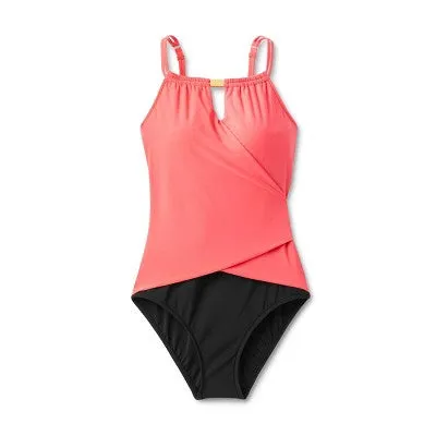 New - Aqua Green Women's High Neck One Piece Swimsuit Keyhole Swimwear, Coral Pink L