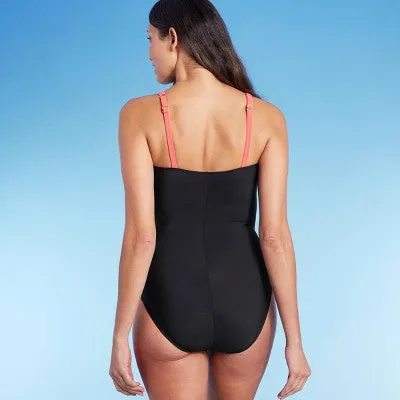New - Aqua Green Women's High Neck One Piece Swimsuit Keyhole Swimwear, Coral Pink L