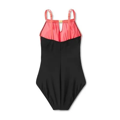 New - Aqua Green Women's High Neck One Piece Swimsuit Keyhole Swimwear, Coral Pink L