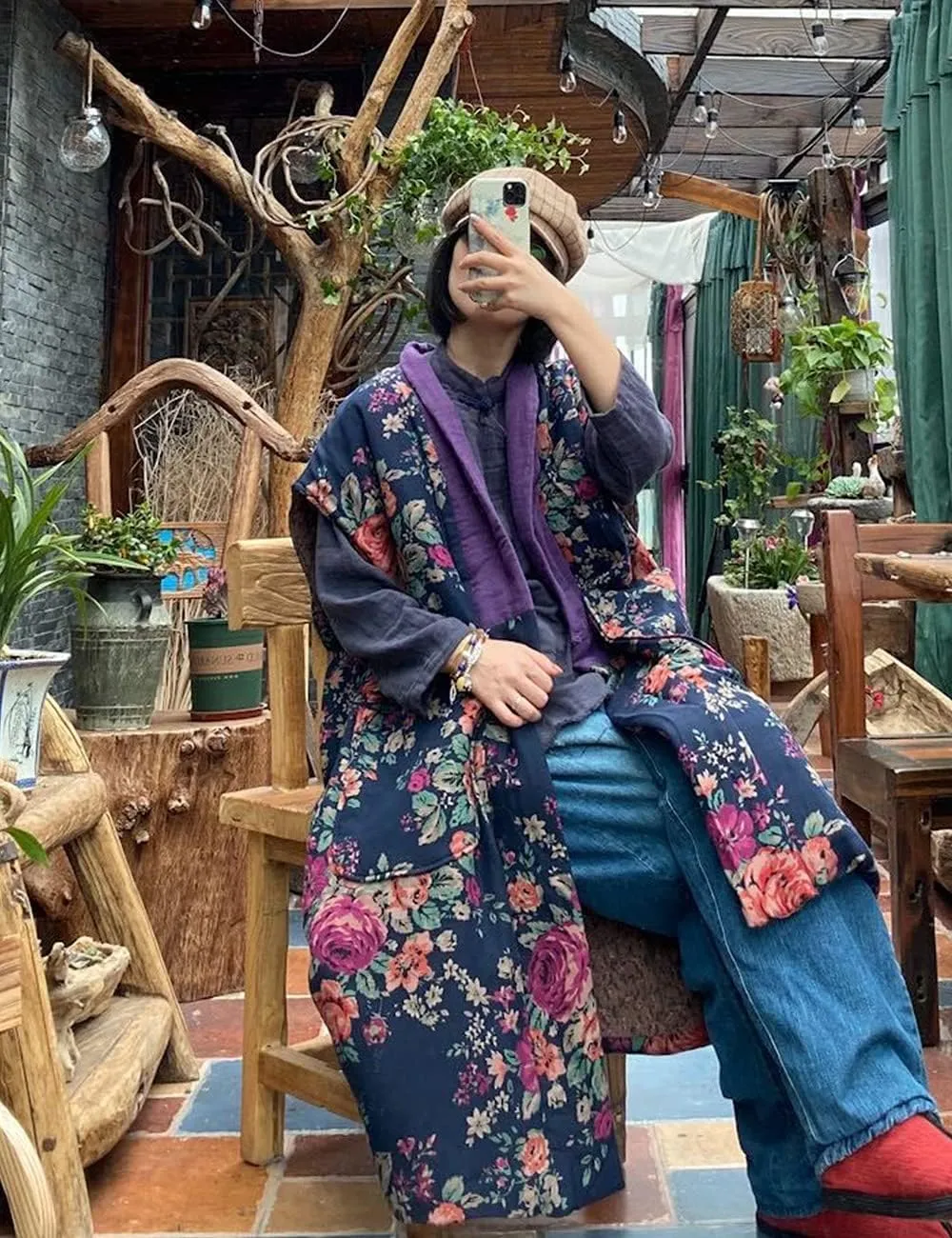 NFYM Women Autumn Sleeveless Vests Cotton Print Floral Long Vests Chinese Vintage Patchwork Waistcoat