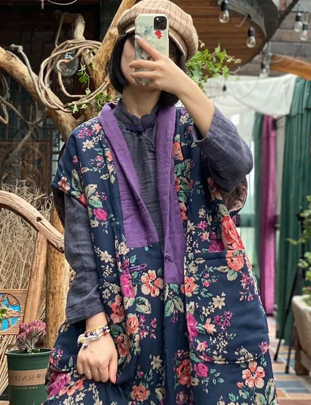 NFYM Women Autumn Sleeveless Vests Cotton Print Floral Long Vests Chinese Vintage Patchwork Waistcoat