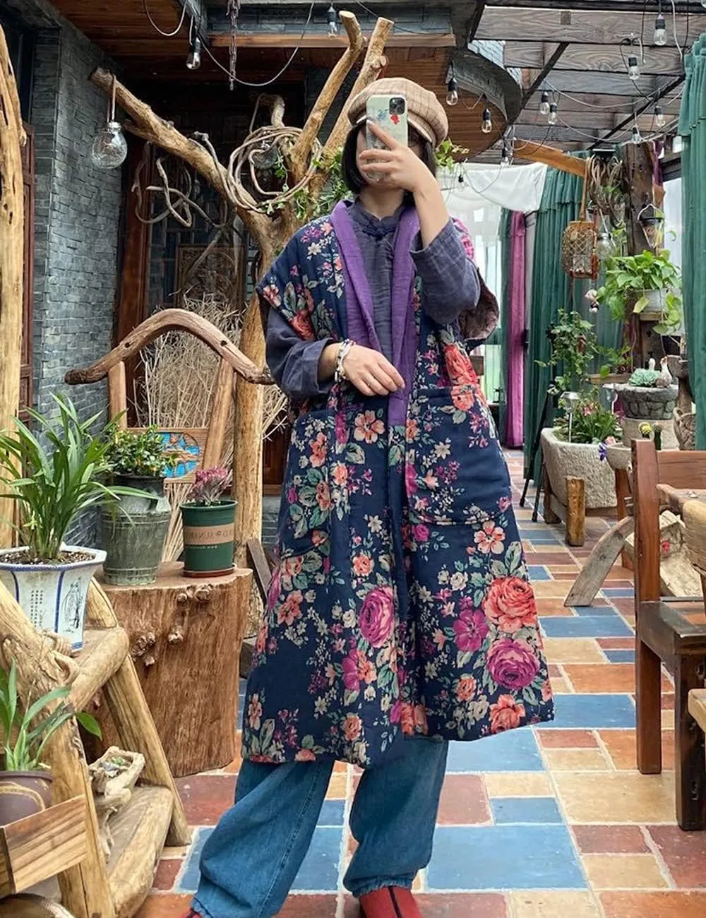 NFYM Women Autumn Sleeveless Vests Cotton Print Floral Long Vests Chinese Vintage Patchwork Waistcoat
