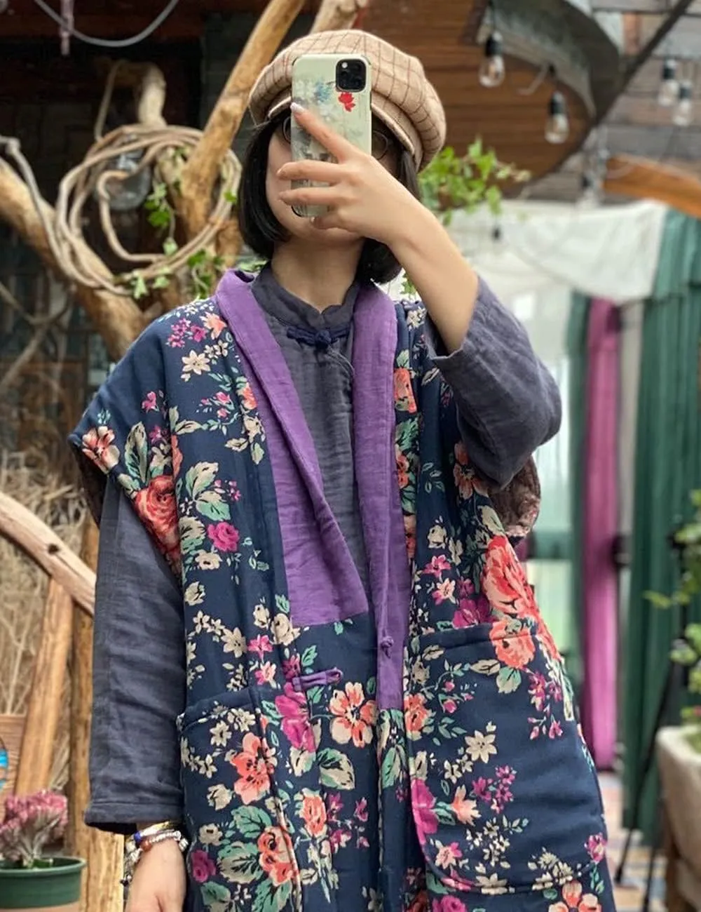 NFYM Women Autumn Sleeveless Vests Cotton Print Floral Long Vests Chinese Vintage Patchwork Waistcoat