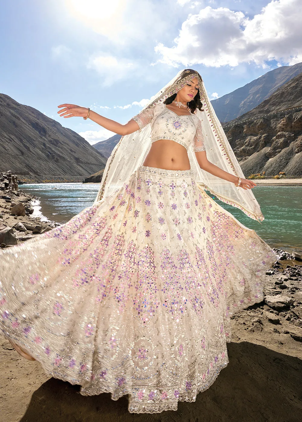 Off White Embroidered Pure Net Designer Bridal Lehenga Choli