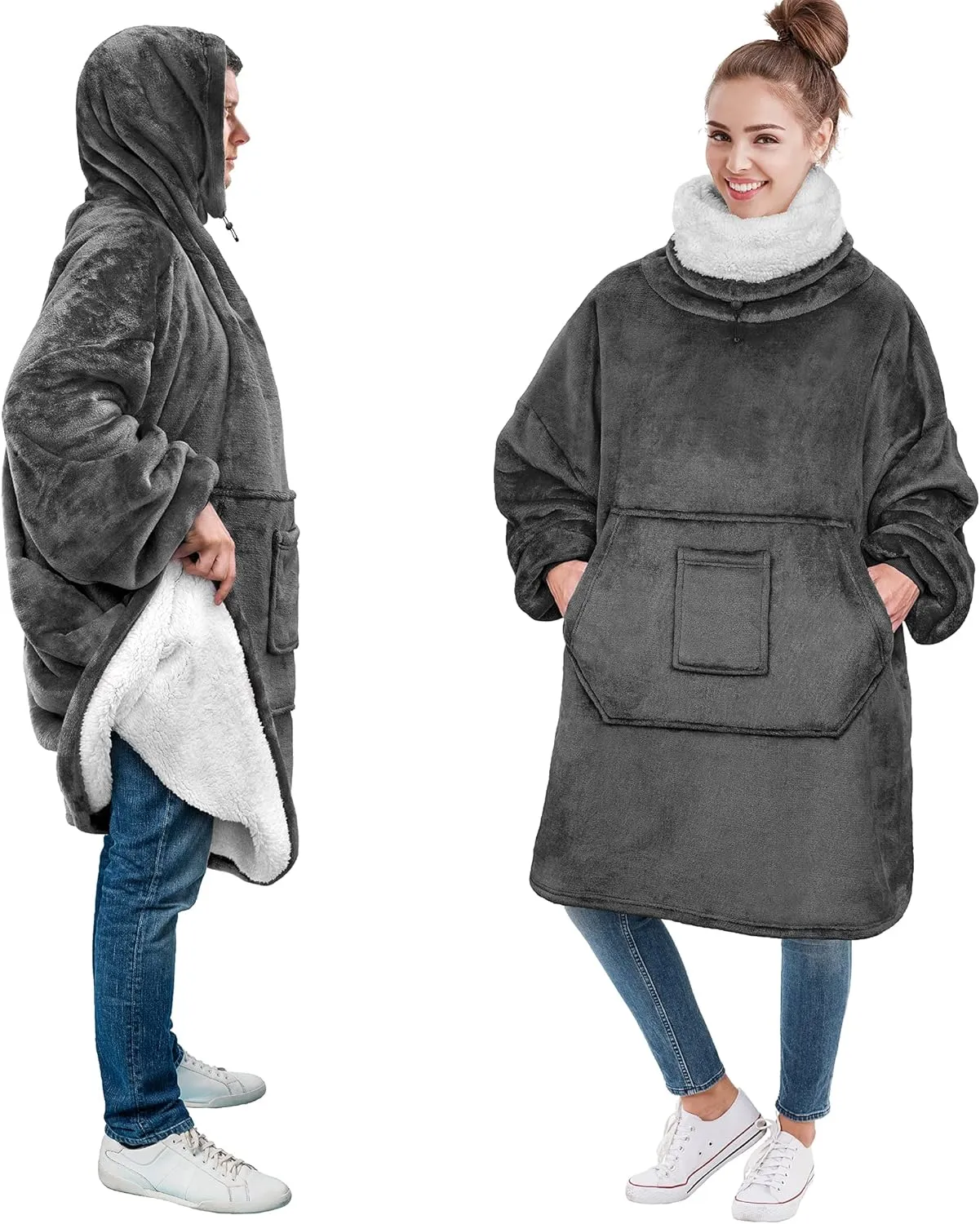 PAVILIA Sherpa Wearable Blanket Hoodie Women Men, Oversized Hoodie Sweatshirt Blanket, Hooded Sweater Blanket Neck Warmer, Thick Fleece Hug Sleep Pod Adult, Cozy Warm Plush Gift Ideas Mom Wife, Gray