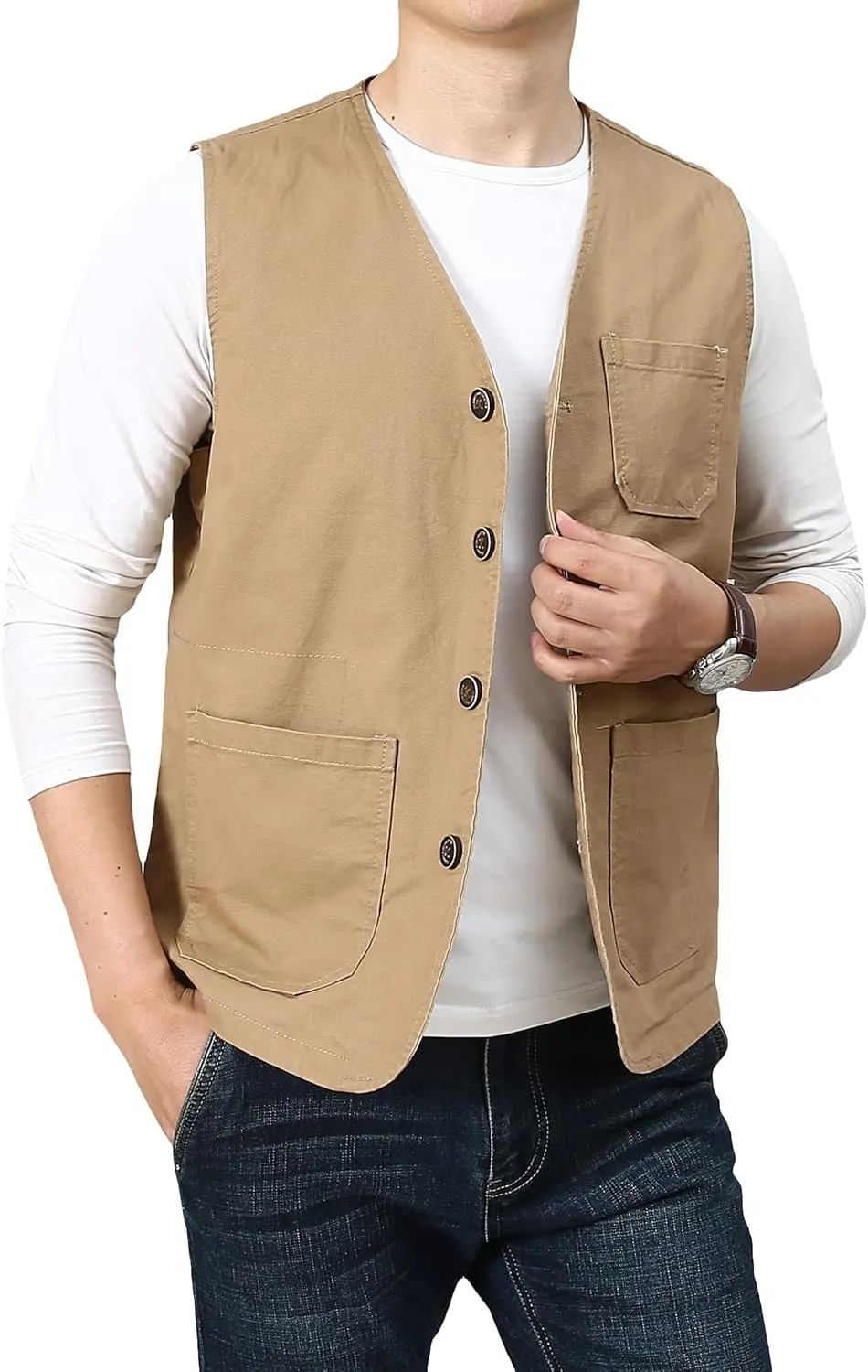 PRIJOUHE Men's Casual Outdoor Cotton Vest Lightweight Breathable Multi-Pocket Fishing Safari Travel Vests Outwear