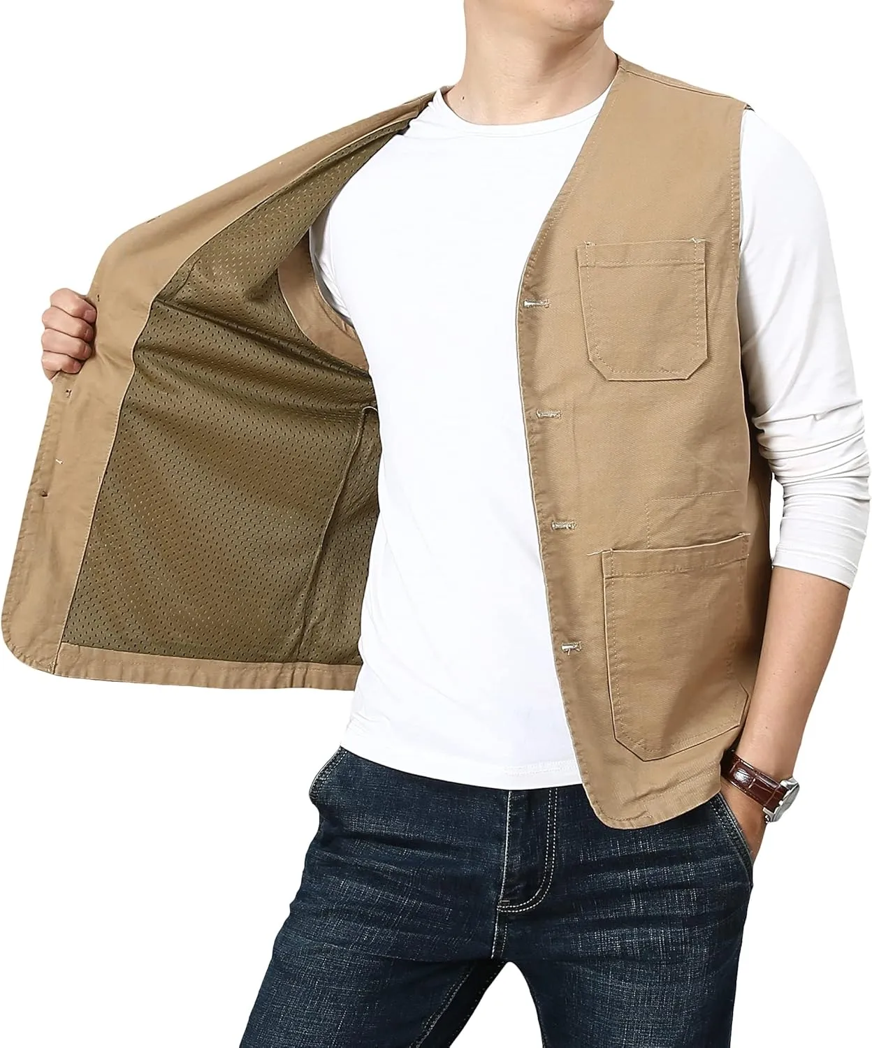PRIJOUHE Men's Casual Outdoor Cotton Vest Lightweight Breathable Multi-Pocket Fishing Safari Travel Vests Outwear