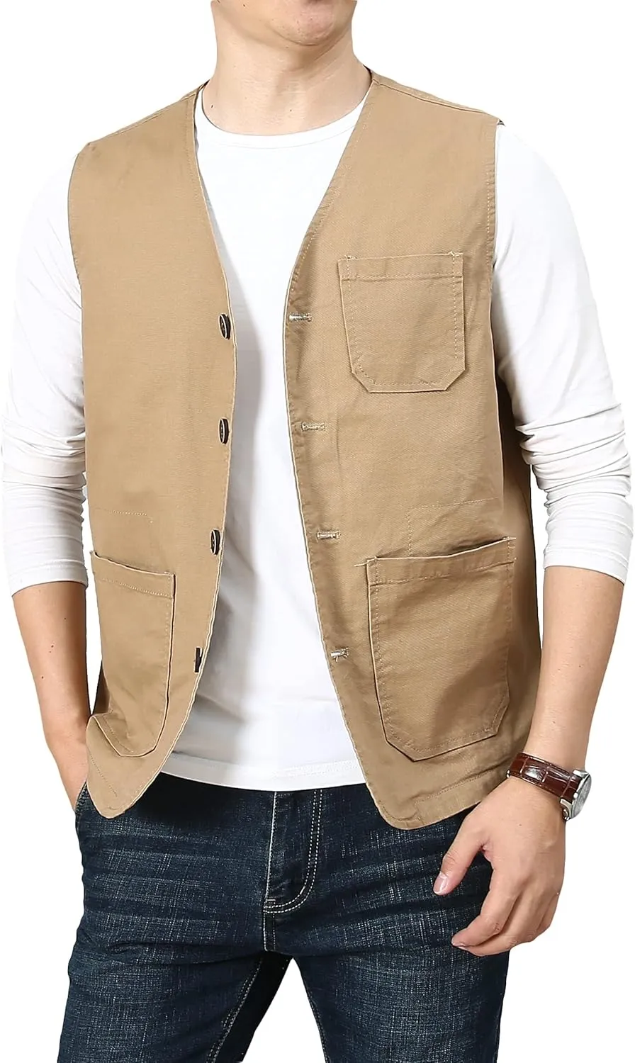 PRIJOUHE Men's Casual Outdoor Cotton Vest Lightweight Breathable Multi-Pocket Fishing Safari Travel Vests Outwear
