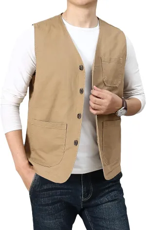 PRIJOUHE Men's Casual Outdoor Cotton Vest Lightweight Breathable Multi-Pocket Fishing Safari Travel Vests Outwear