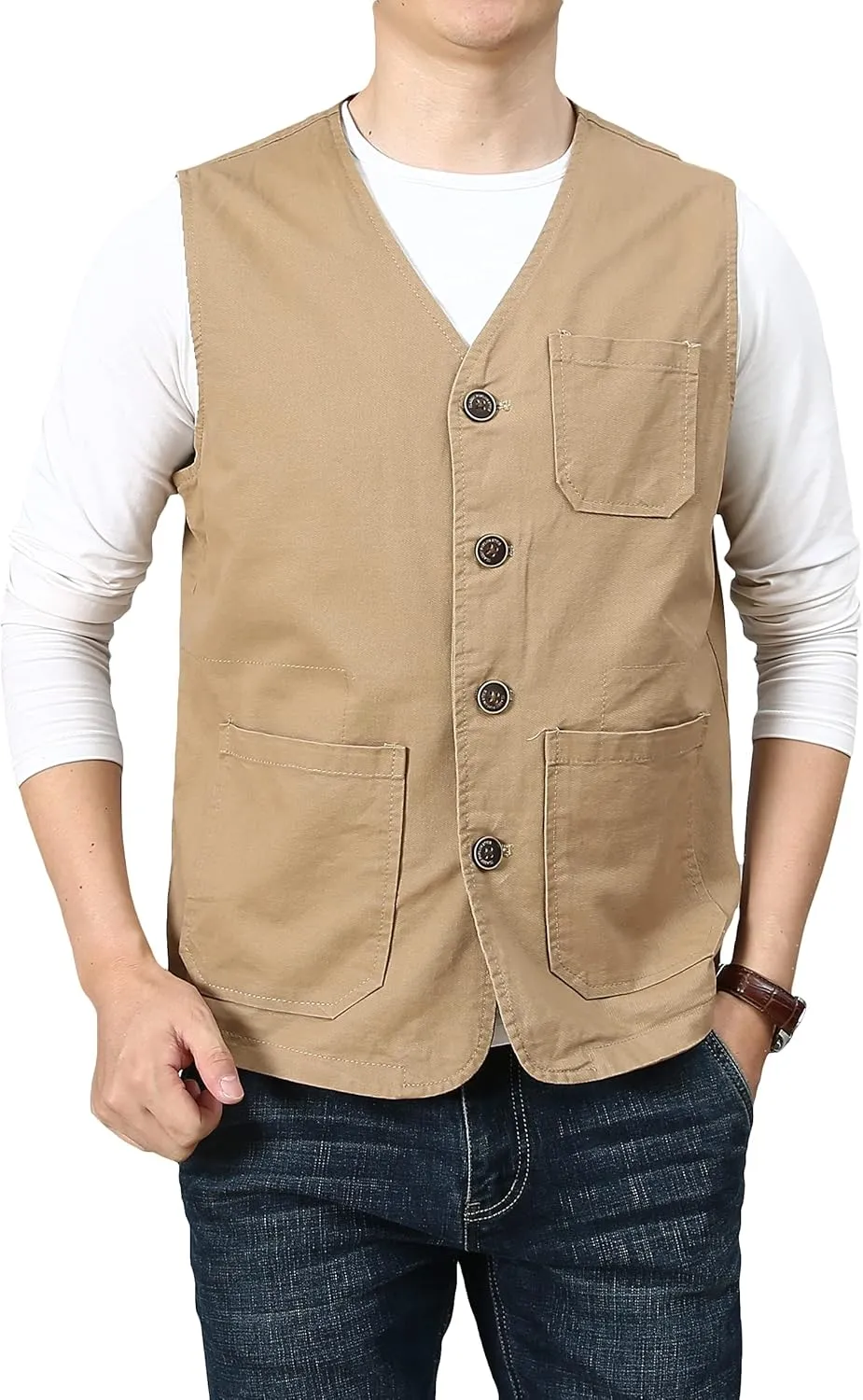 PRIJOUHE Men's Casual Outdoor Cotton Vest Lightweight Breathable Multi-Pocket Fishing Safari Travel Vests Outwear