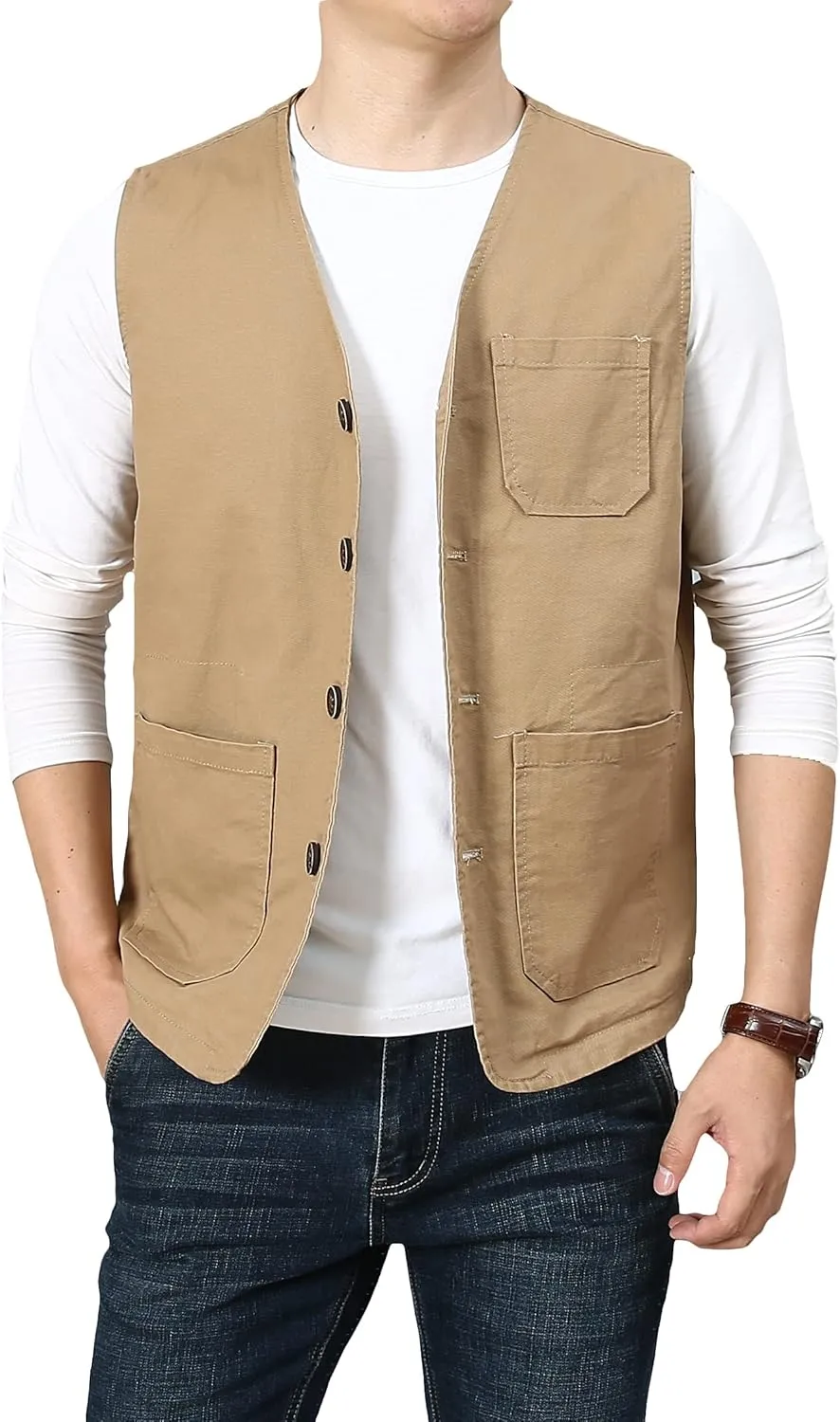 PRIJOUHE Men's Casual Outdoor Cotton Vest Lightweight Breathable Multi-Pocket Fishing Safari Travel Vests Outwear