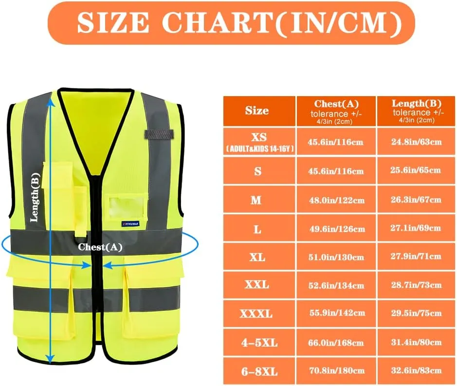 Reflective Security Safety Vests Heavy Duty with 7 Pockets and Front Zipper