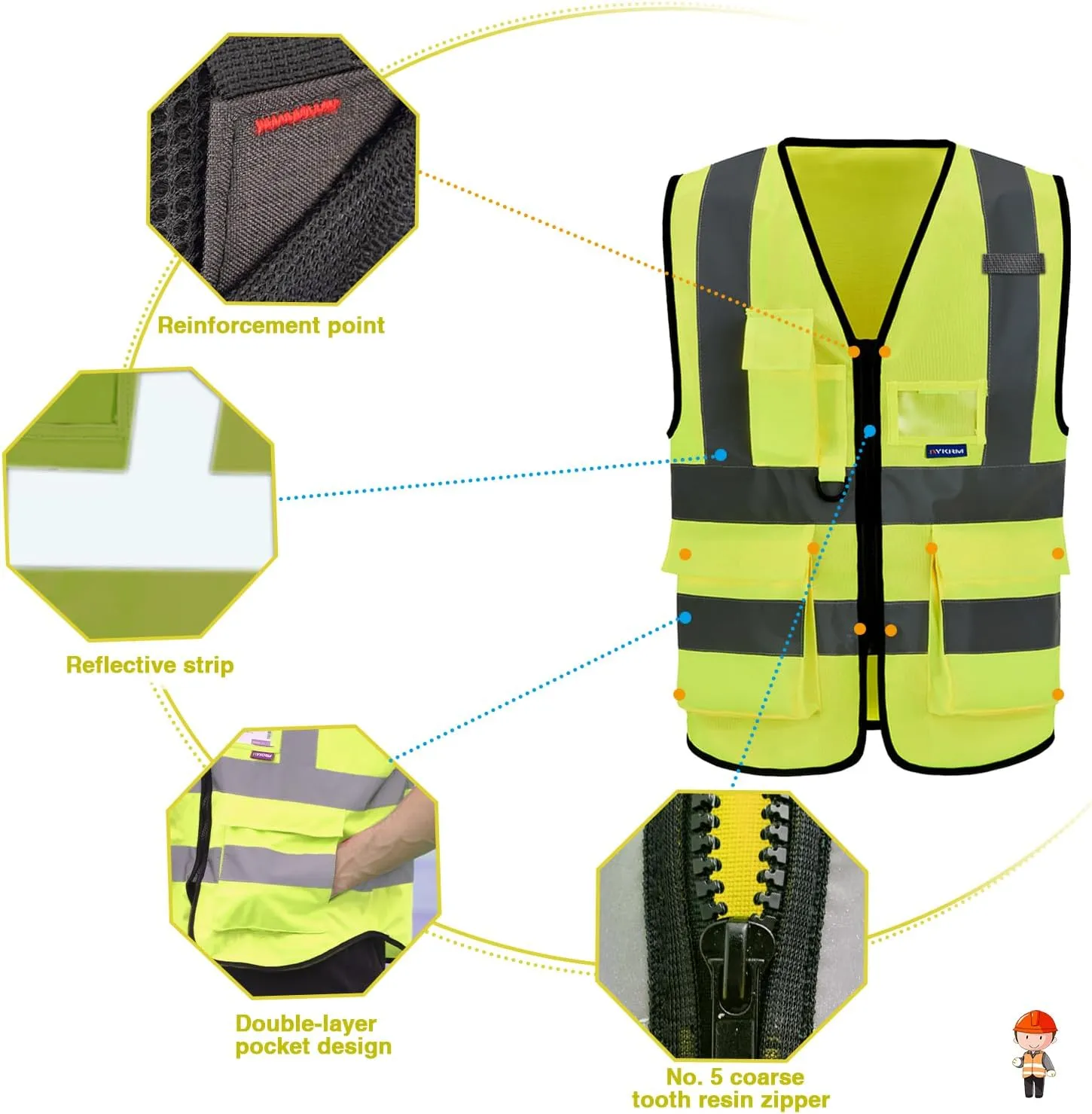 Reflective Security Safety Vests Heavy Duty with 7 Pockets and Front Zipper