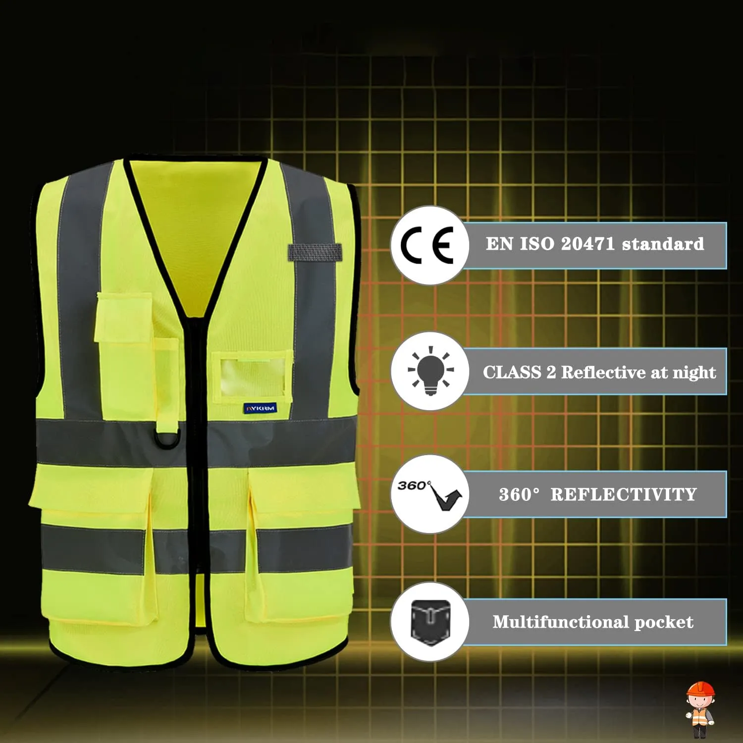Reflective Security Safety Vests Heavy Duty with 7 Pockets and Front Zipper
