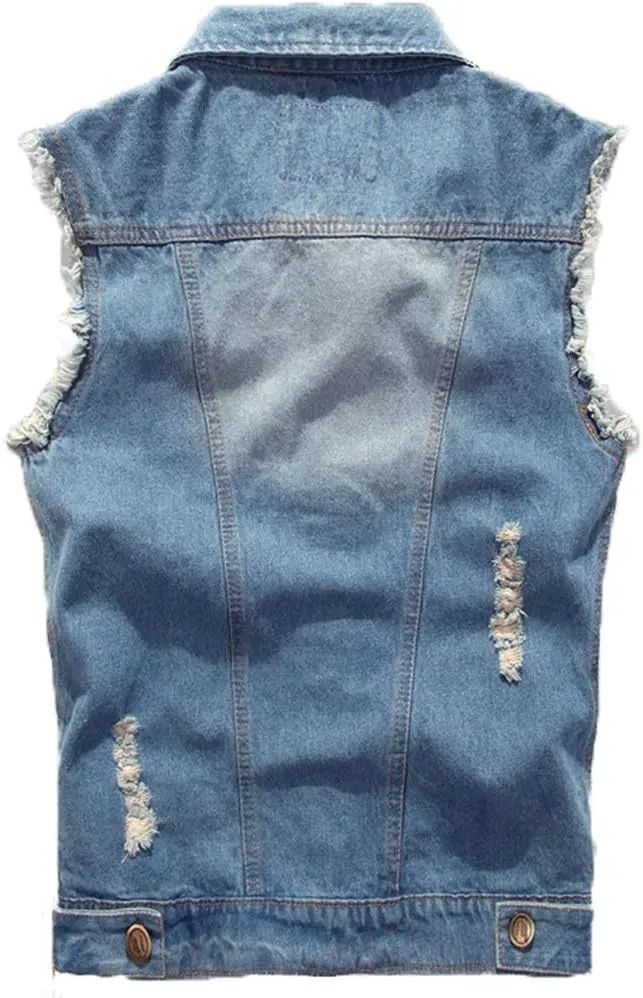 Saukiee Men's Casual Lapel Denim Vest Jacket Vintage Slim Fit Sleeveless Ripped Jeans Vests
