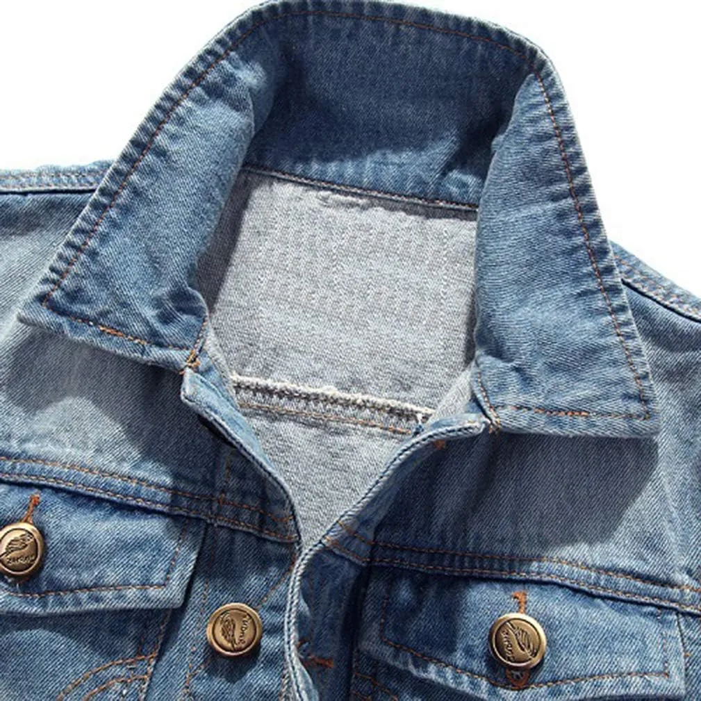 Saukiee Men's Casual Lapel Denim Vest Jacket Vintage Slim Fit Sleeveless Ripped Jeans Vests