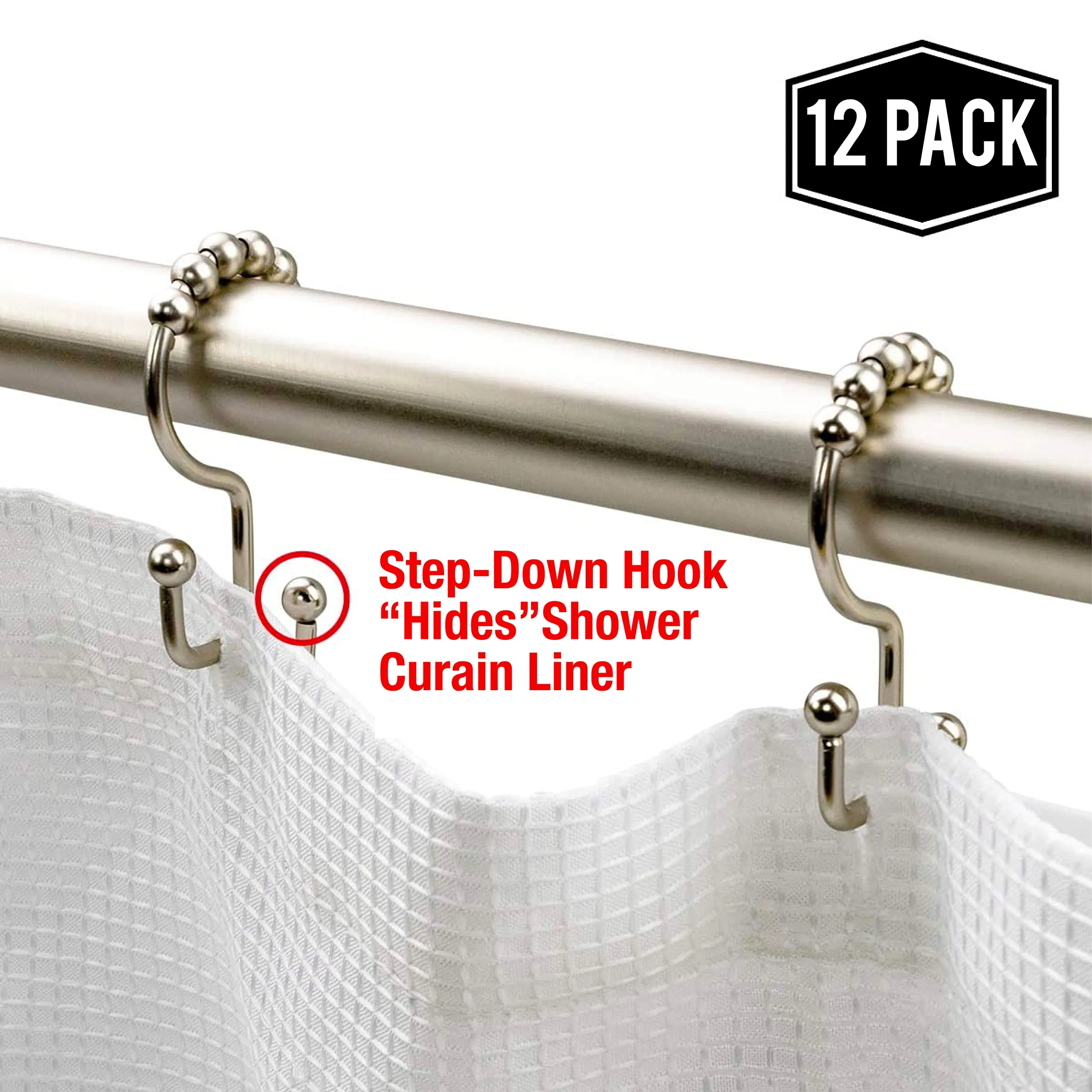 Shower Curtain Hooks Rings - Black Finish - Premium 18/8 Stainless Steel - Stepped