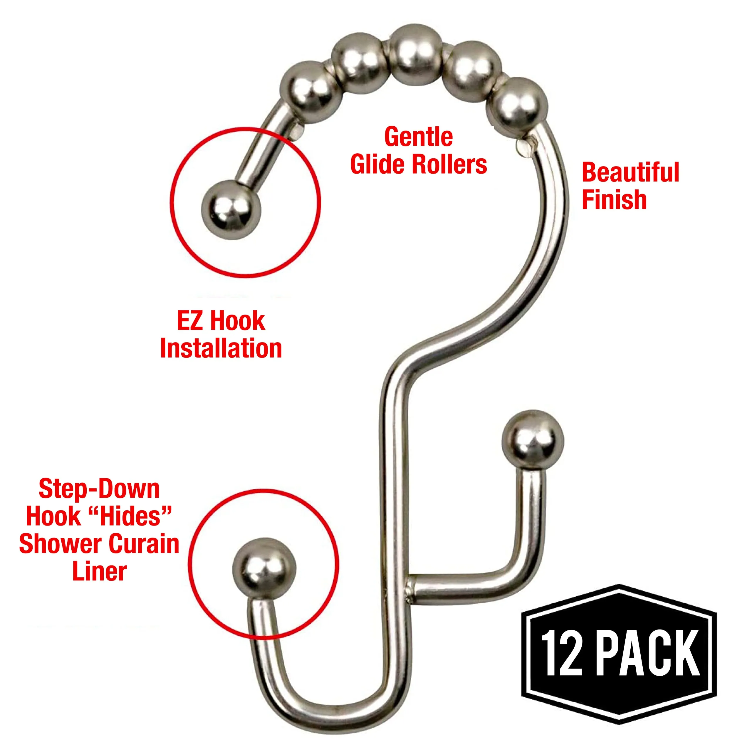 Shower Curtain Hooks Rings - Black Finish - Premium 18/8 Stainless Steel - Stepped