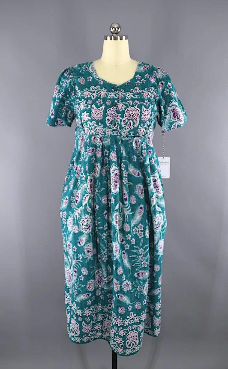 Vintage 1980s Green Floral Print Cotton Dress / Loungees