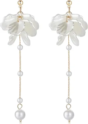 White Flower Dangle Earrings for Women Pearl Flower Drop White Floral Earrings Spring Earrings Golden Studs Women Bride Wedding Jewelry Gift