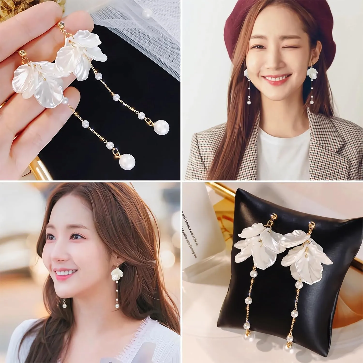 White Flower Dangle Earrings for Women Pearl Flower Drop White Floral Earrings Spring Earrings Golden Studs Women Bride Wedding Jewelry Gift