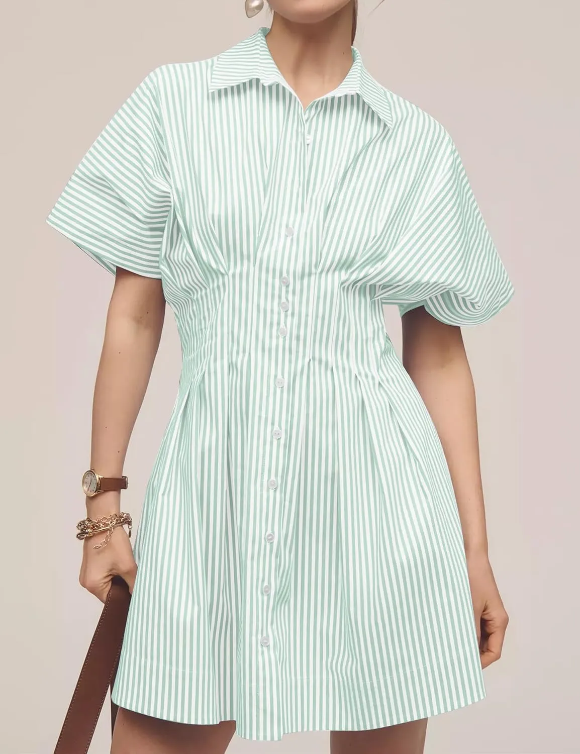 Women Button Front Pleated Shirt Dresses Summer Casual Short Sleeve Pleated Blouse Mini Dress