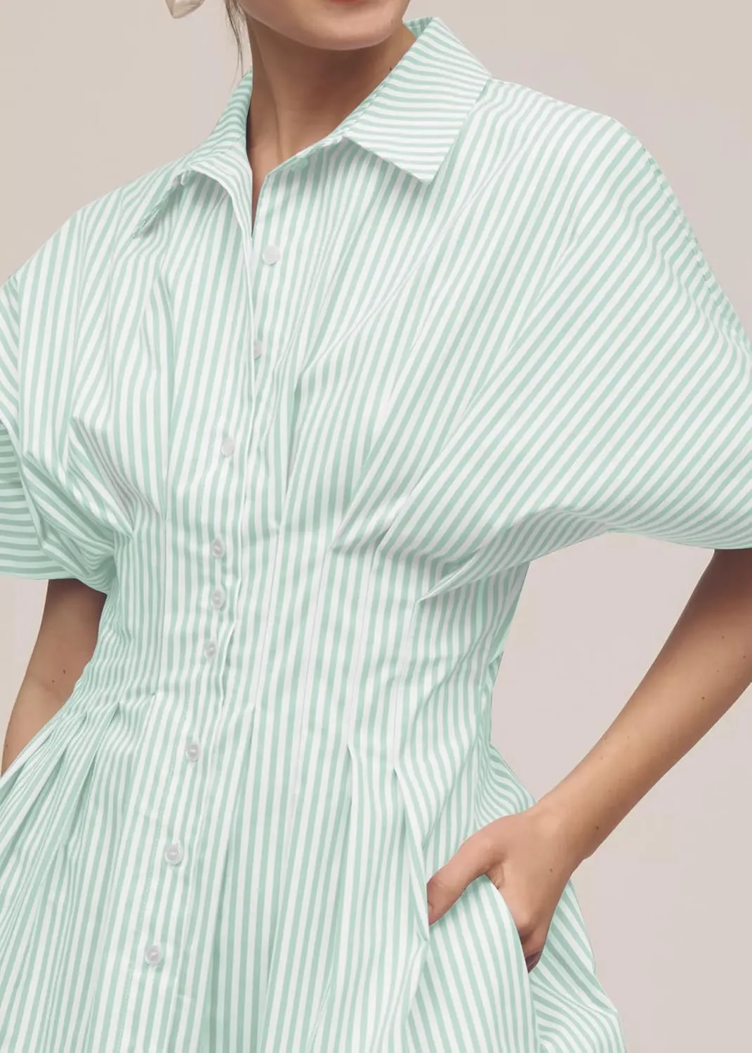 Women Button Front Pleated Shirt Dresses Summer Casual Short Sleeve Pleated Blouse Mini Dress