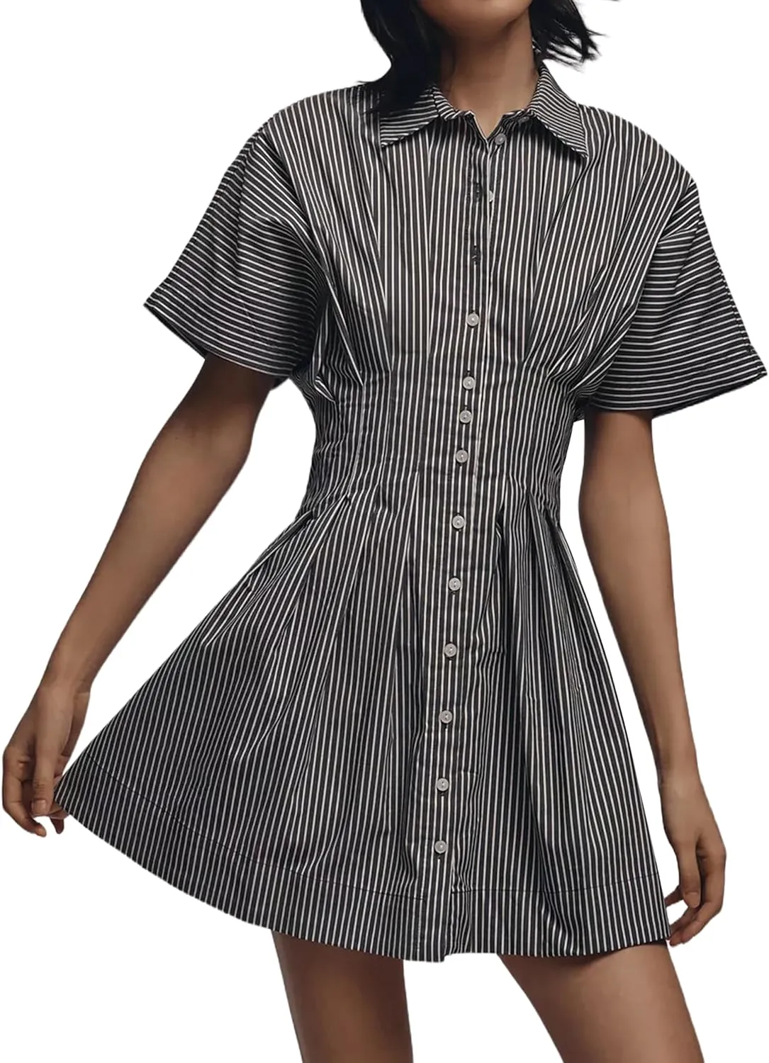 Women Button Front Pleated Shirt Dresses Summer Casual Short Sleeve Pleated Blouse Mini Dress
