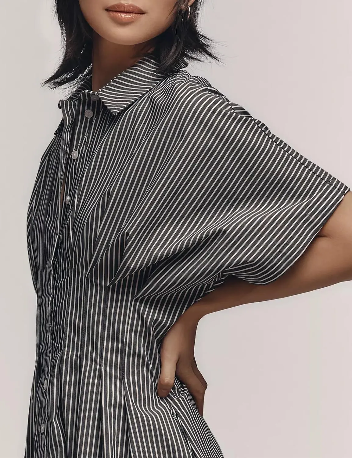 Women Button Front Pleated Shirt Dresses Summer Casual Short Sleeve Pleated Blouse Mini Dress