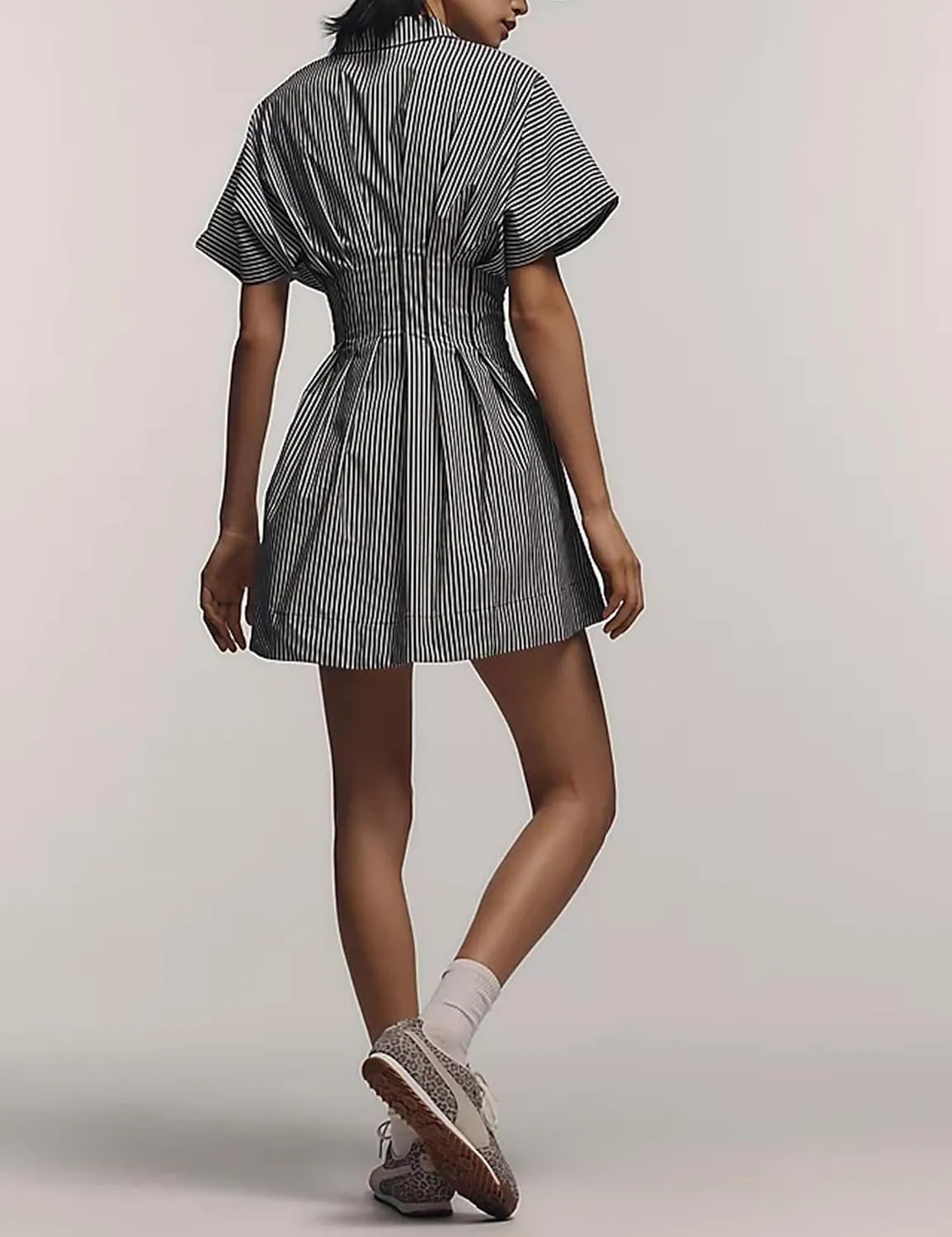 Women Button Front Pleated Shirt Dresses Summer Casual Short Sleeve Pleated Blouse Mini Dress