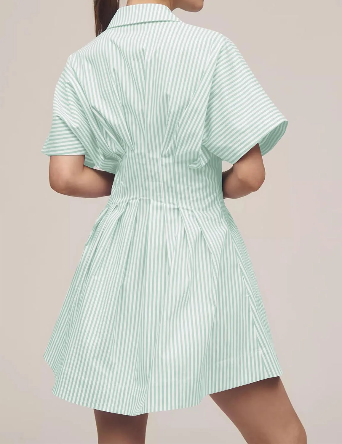 Women Button Front Pleated Shirt Dresses Summer Casual Short Sleeve Pleated Blouse Mini Dress