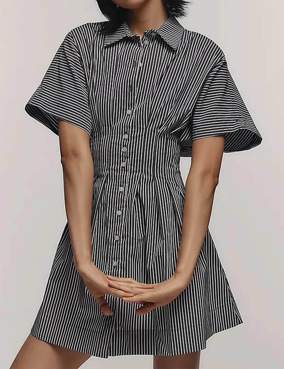 Women Button Front Pleated Shirt Dresses Summer Casual Short Sleeve Pleated Blouse Mini Dress
