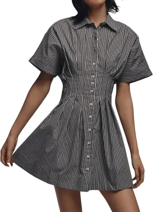 Women Button Front Pleated Shirt Dresses Summer Casual Short Sleeve Pleated Blouse Mini Dress