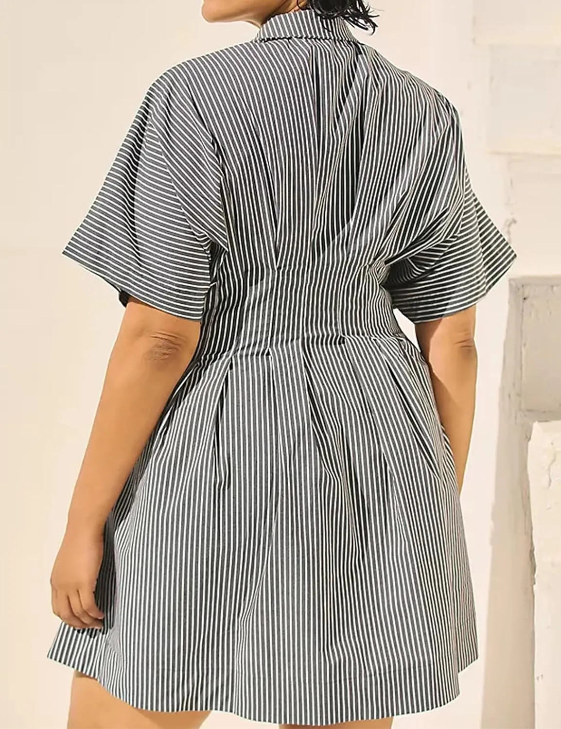 Women Button Front Pleated Shirt Dresses Summer Casual Short Sleeve Pleated Blouse Mini Dress